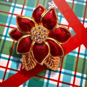 Vintage Monet Gold Tone Red enamel Rhinestone poinsettia brooch
